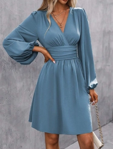 Detail of V-neck long sleeve dress in Morandi blue with ruched waist and lantern sleeves
