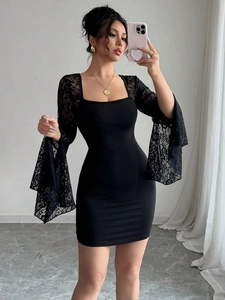 Slim fit black square neck dress with lace flare sleeves and bodycon silhouette