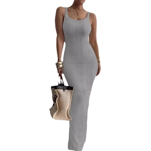 Sleeveless light grey bodycon maxi dress with vertical wave texture for women