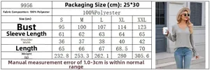 Detailed size chart for V-neck ribbed long sleeve top with chest and length measurements
