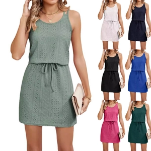 Women Bohemian Hollow Out Crochet Swimsuit Cover Up Sleeveless Drawstring Waist Summer Beach Mini Dress