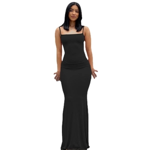 Elegant slim fit black long maxi dress with spaghetti straps and a mermaid silhouette