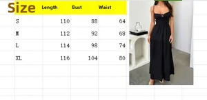 Size guide table for black backless vacation dress showing length, bust, and waist in cm