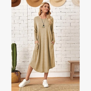 Women's long sleeve knit midi dress with side pockets and curved hem in khaki color