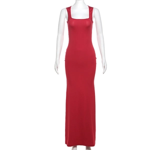 Detailed close-up of the square neck and sleeveless cut of the red slim maxi dress