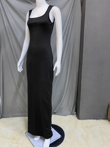 Detail of a slim fit black square neck sleeveless maxi dress displayed on a mannequin
