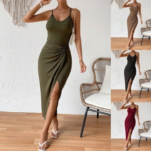 Robe Midi à Fines Bretelles Col en V Tricot Côtelé Taille Nouée Fente Latérale Bodycon Sexy Élégante Robe de Fête