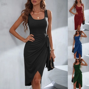 Robe Midi Sans Manches Décontractée pour Femmes Col Carré Robe Moulante Froncée Avec Taille Nouée Ourlet Irrégulier Party Clubwear