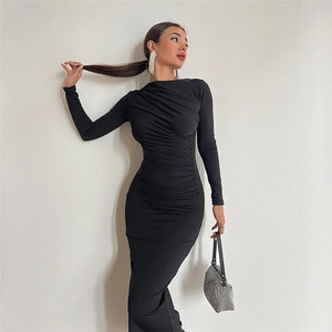 Robe Maxi Bodycon Élégante pour Femme à Manches Longues et Rides Couleur Unie Haute Élasticité Col Rond Coupe Slim Sexy Party Club Robe Longue