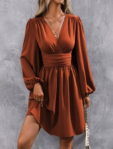Deep V-neck caramel long sleeve dress with smocked waist and elegant lantern sleeves
