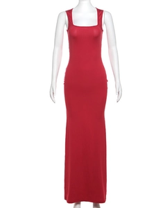 Elegant red square neck sleeveless bodycon maxi dress with a slim fit silhouette