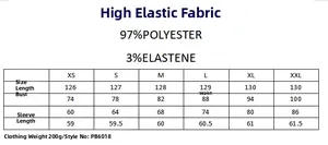 Size chart for knit dress with measurements for XS to XXL and fabric details