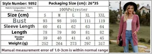 Size chart and measurement guide for women's long sleeve knitted cardigan sweater