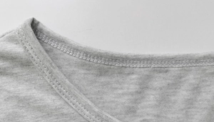 Macro detail of crew neckline stitching on grey heather knit long sleeve dress
