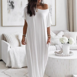 Women's minimalist white loose maxi dress with short sleeves and side pockets