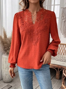 Close-up of V-neck lace detailing and Swiss dot texture on this long sleeve top