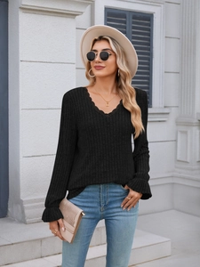 Elegant black V-neck knit top with lace trim and ruffled cuffs for autumn casual wear