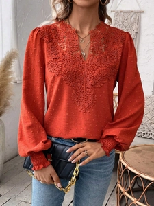 Detail of burnt orange V-neck shirt featuring lace embroidery and pom-pom textured fabric