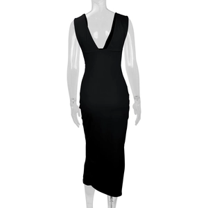 Detailed back view of a slim fit backless midi dress featuring a deep V-neck and high slit