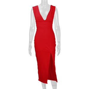 Detail of red deep V-neck dress with ruched waist and high side slit on invisible mannequin