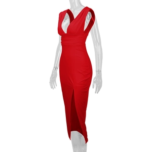 Detail showing the red deep V-neckline with pleated waist and high front slit design