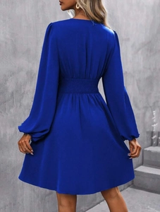 Detailed back view of royal blue V-neck dress with smocked waist and lantern sleeves