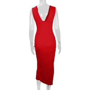 Close-up of deep red slim fit backless dress with deep V-neck and elegant draped fabric