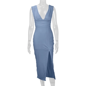 Detail of a deep V-neck sleeveless blue midi dress with waist pleats and side slit