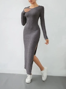Detailed view of dark grey ribbed knit long dress featuring a side slit design