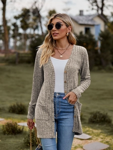 Close-up of oatmeal ribbed knit cardigan showing wood texture buttons and soft fabric details