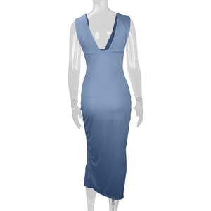 Detail view of back deep V-neck and slim fit cut on a slate blue maxi dress