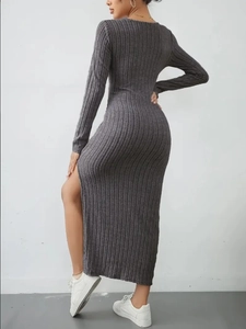 Detail view of the side slit and rib-knit texture on a slim fit dark grey maxi dress