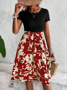 French style casual dress with black knit top and red floral printed skirt with belt