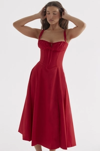 Detail view of red midi corset dress with spaghetti straps and boning structure