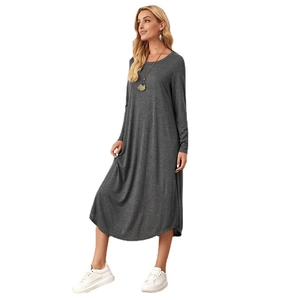 Deep grey long sleeve knitted dress with side pockets and curved hem for women
