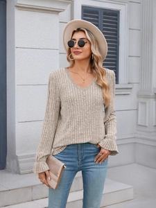 Women's V-neck ribbed long sleeve top with lace trim and ruffled cuffs in beige