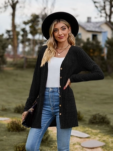 Close-up of black ribbed knit cardigan featuring a V-neckline and button-down front detail