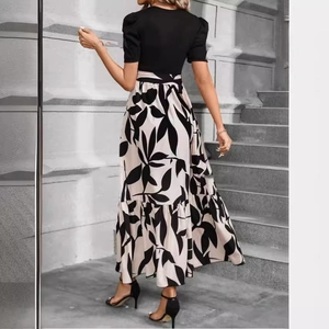 Women Elegant Patchwork Floral Print Maxi Dress Short Puff Sleeve Round Neck Tie Waist Boho Vacation Summer Long Dress