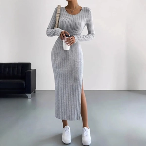 Women's Long Sleeve Round Neck Side Slit Ribbed Knit Bodycon Maxi Dress Autumn Winter Slim Fit Solid Color Casual Long Dress