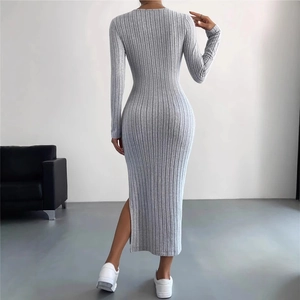 Slim fit dark grey ribbed knit long sleeve maxi dress with side split for women