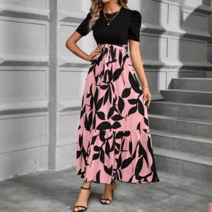 Elegant floral print maxi dress with puff sleeves and bow waist for summer vacation