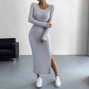 Grey long sleeve ribbed knit maxi dress with crew neck and side slit for women