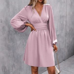 Elegant Women V-Neck Long Lantern Sleeve Pleated High Waist Solid Color Midi Dress Fashion Casual Slim Fit Polyester Dress