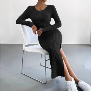 Slim fit long sleeve crew neck knit maxi dress with side slit in dark grey rib texture