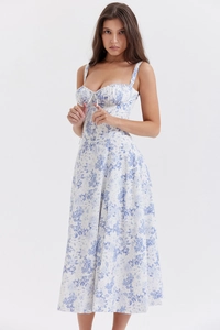 Detailed close-up of blue floral print summer midi dress with tie-up drawstring chest detail