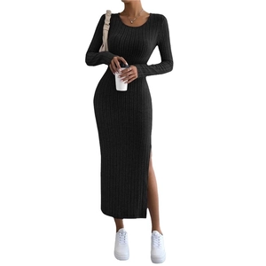 Slim fit long sleeve knit dress with crew neck and side slit in dark grey rib texture