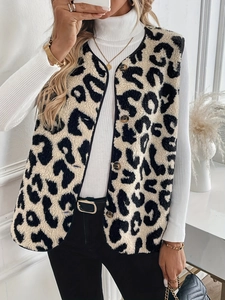 Gilet da Donna con Stampa Leopardata in Peluche Chiusura con Bottoni Senza Maniche Caldo Moda Autunno Inverno