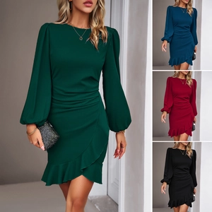 Women Elegant Solid Color Ruched Bodycon Dress Lantern Long Sleeve Round Neck Asymmetric Ruffle Hem Party Midi Dress