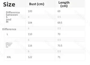 Size chart table for loose casual long sleeve shirt with bust and length measurements in cm