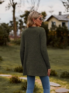Detail view showing dark green ribbed knit texture and back drape of long sleeve cardigan